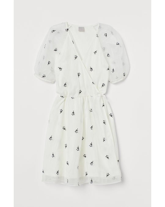 H&M Puff-sleeved Wrap Dress White/floral