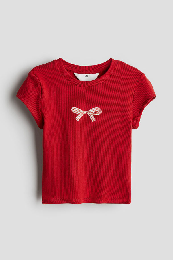 H&M Geripptes T-Shirt Rot/Schleife