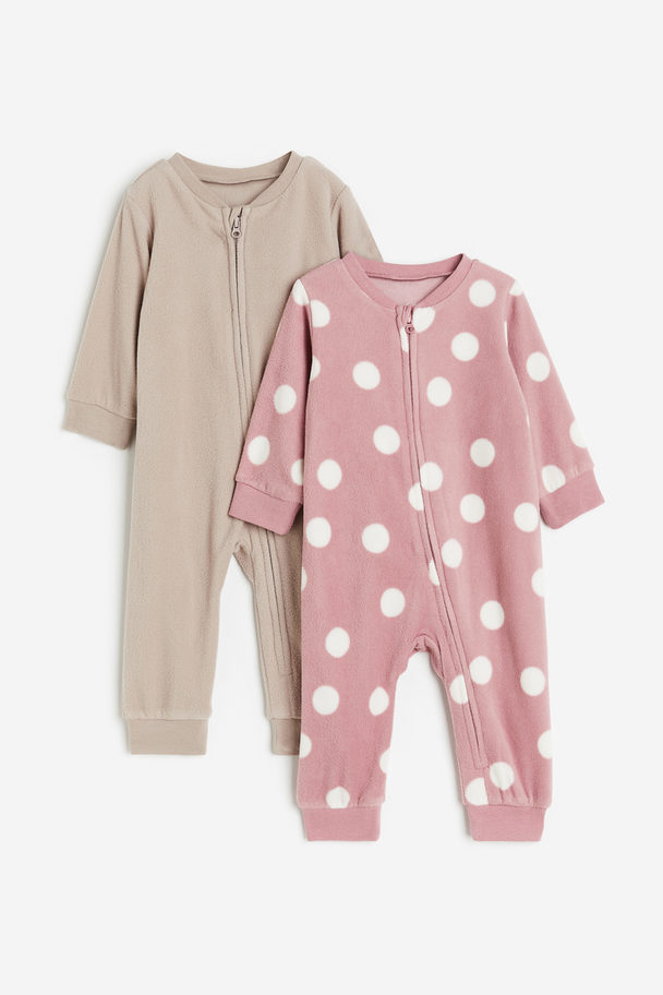 H&M 2-pack Fleece Zip-up Sleepsuits Pink/spotted