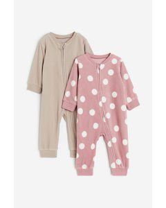 2-pack Fleece Zip-up Sleepsuits Pink/spotted