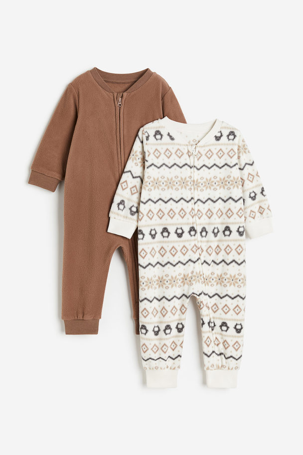 H&M 2-pack Pyjamasoverall I Fleece Med Dragkedja Vit/mönstrad