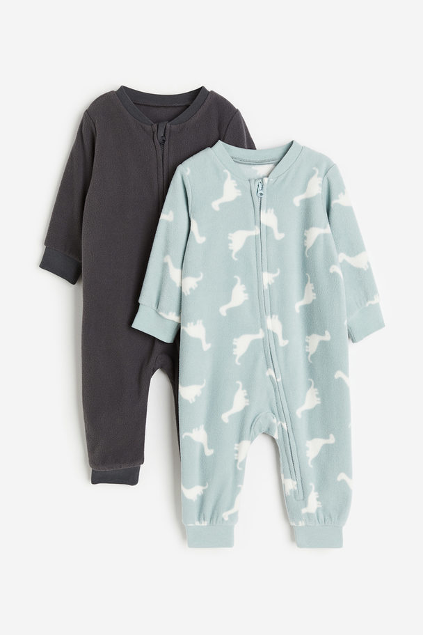 H&M 2-pack Fleece Zip-up Sleepsuits Light Turquoise/dinosaurs