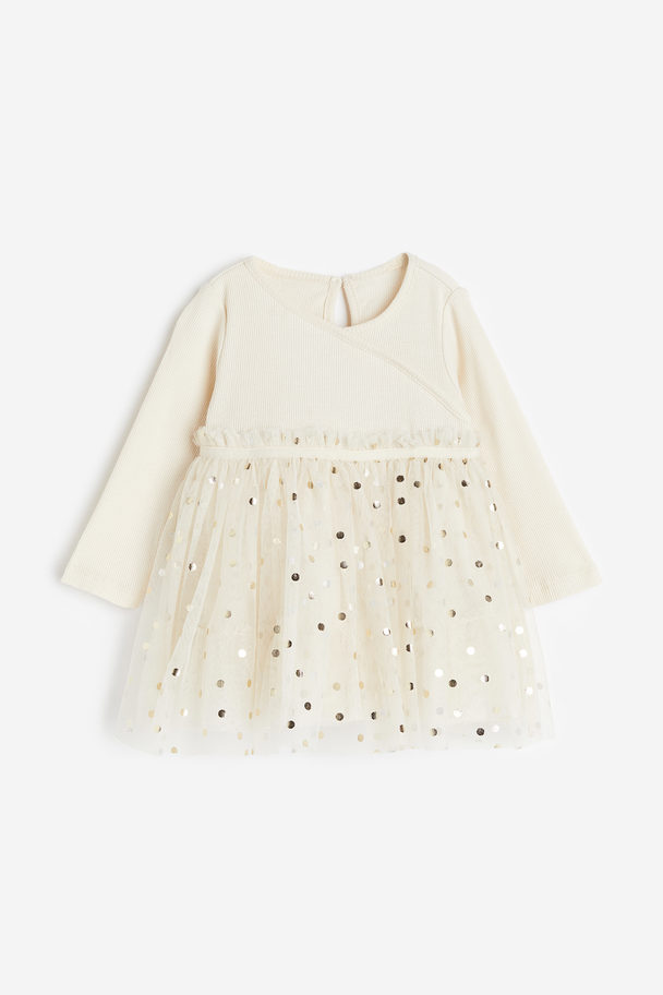 H&M Kleid mit Tüllrock Cremefarben/Gepunktet