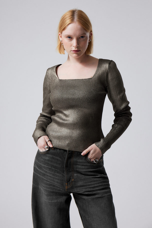 Weekday Tori Skinnende Coatet Ribstrikket Sweater Sortcoatet