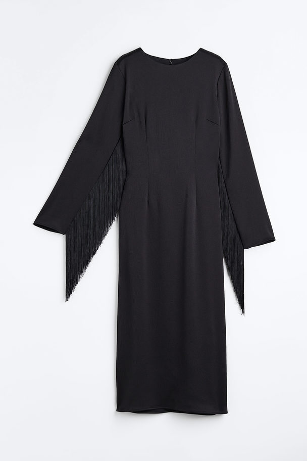 H&M Fringe-trimmed Satin Dress Black