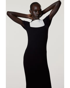 Ribgebreide Midi-jurk Zwart