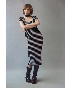 Rib-knit Midi Dress Black/striped