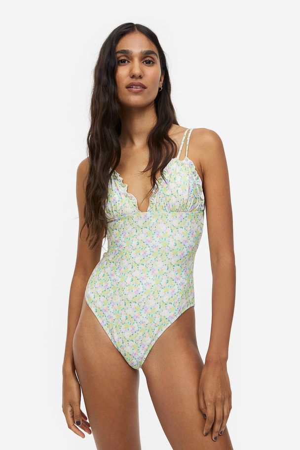 H&M High-leg Cut-out Swimsuit Light Green/floral
