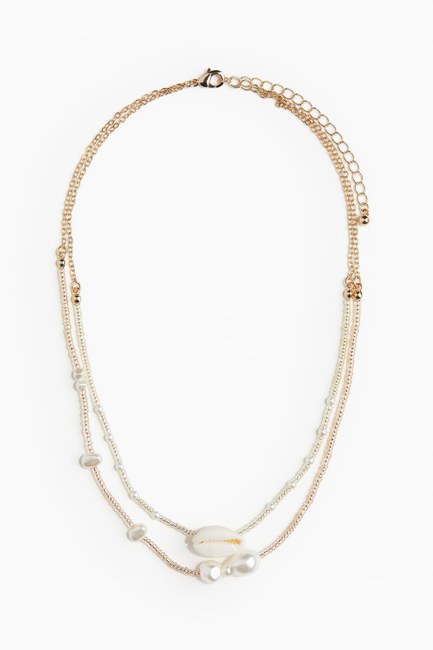 H&M Two-strand Beaded Necklace Gold-coloured/white