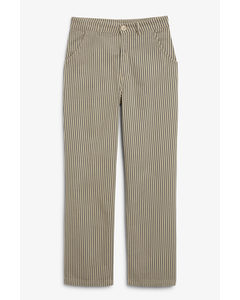 Striped Full-length Belt Loop Trousers Beige Striped