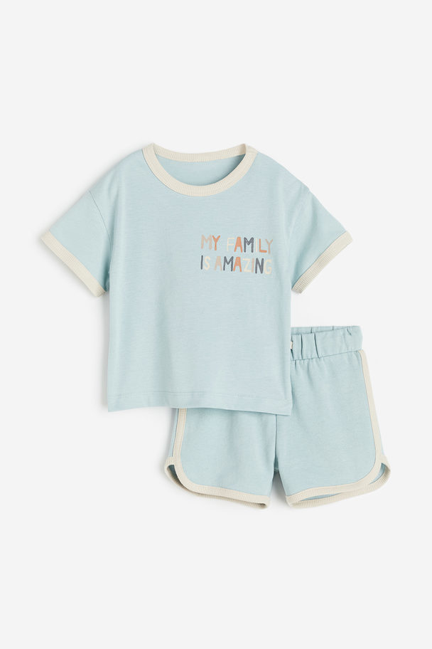 H&M Tweedelige Set - T-shirt En Short Lichtturkoois/family