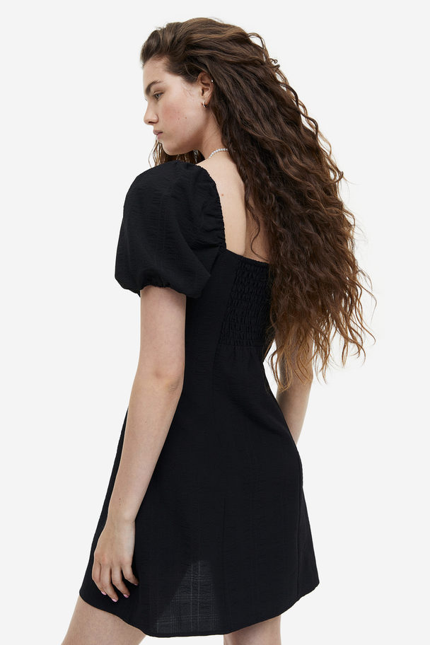 H&M Puff-sleeved Crêpe Dress Black