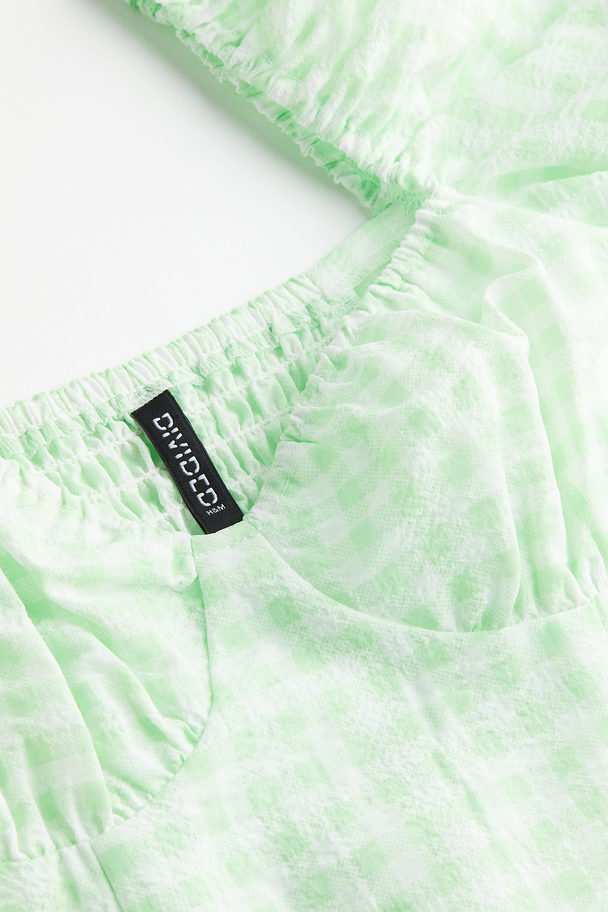 H&M Puff-sleeved Crêpe Dress Light Green/checked