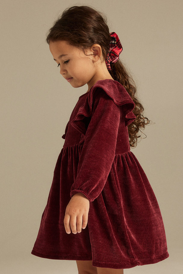 H&M Flounce-trimmed Chenille Dress Dark Red