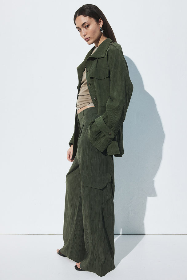 H&M Textured-weave Cargo Trousers Dark Green