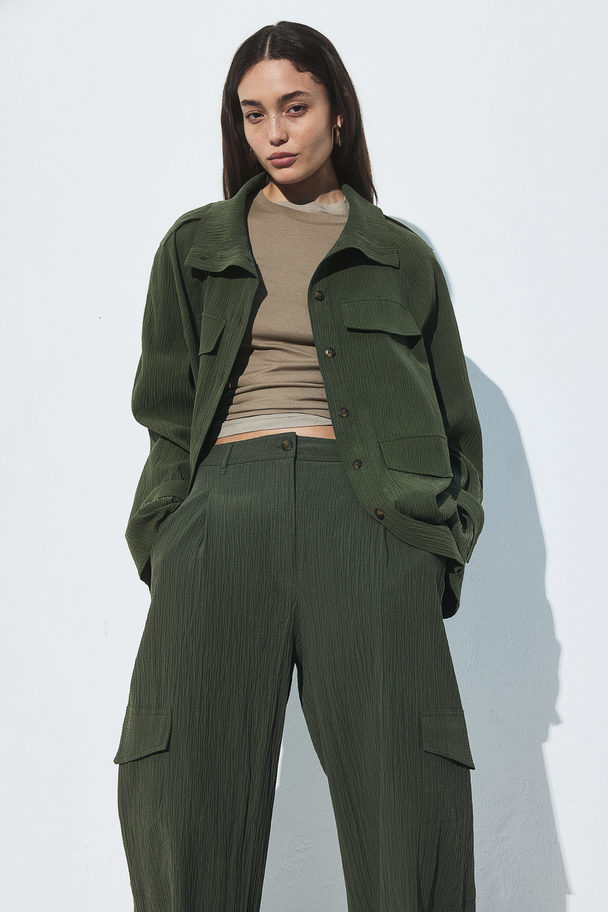 H&M Textured-weave Cargo Trousers Dark Green