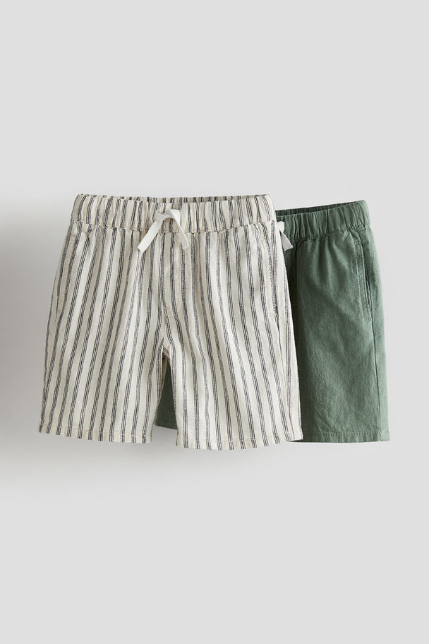 H&M 2er-Pack Shorts aus Leinenmix Cremefarben/Khakigrün