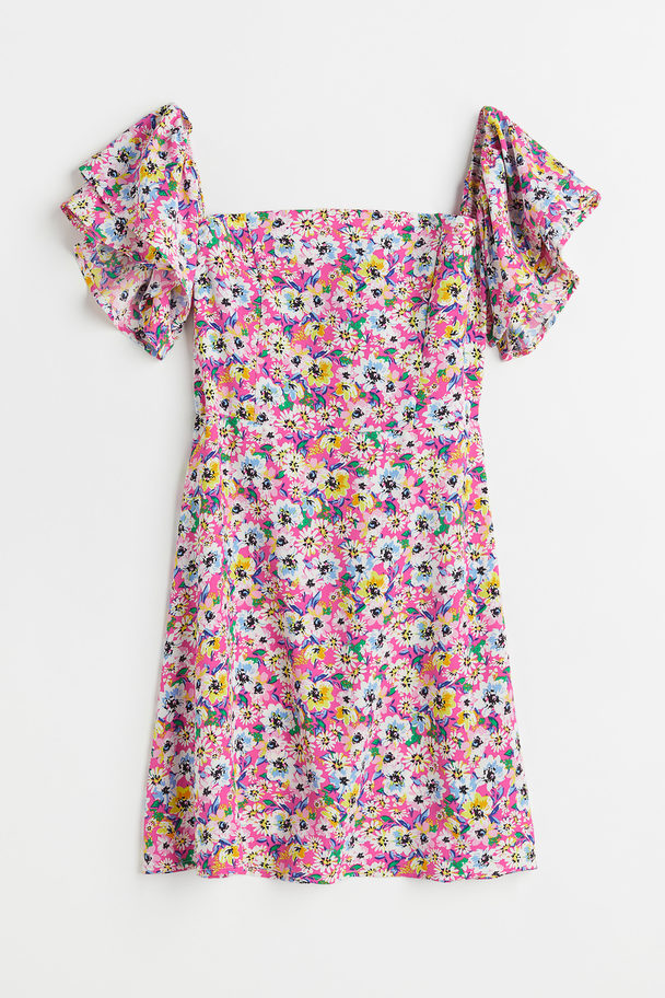 H&M Off Shoulder-kjole Med Flæse Cerise/blomstret