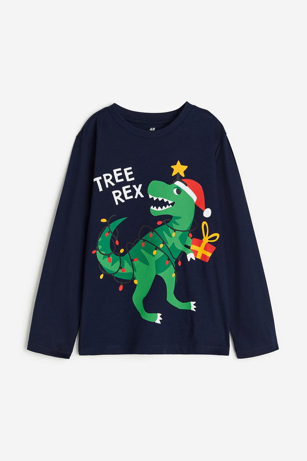 H&M Shirt Met Lange Mouwen Donkerblauw/tyrannosaurus Rex
