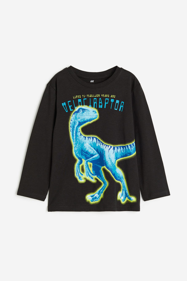 H&M Langarm-T-Shirt Schwarz/Dinosaurier