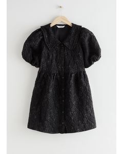 Buttoned Puff Sleeve Jacquard Mini Dress Black