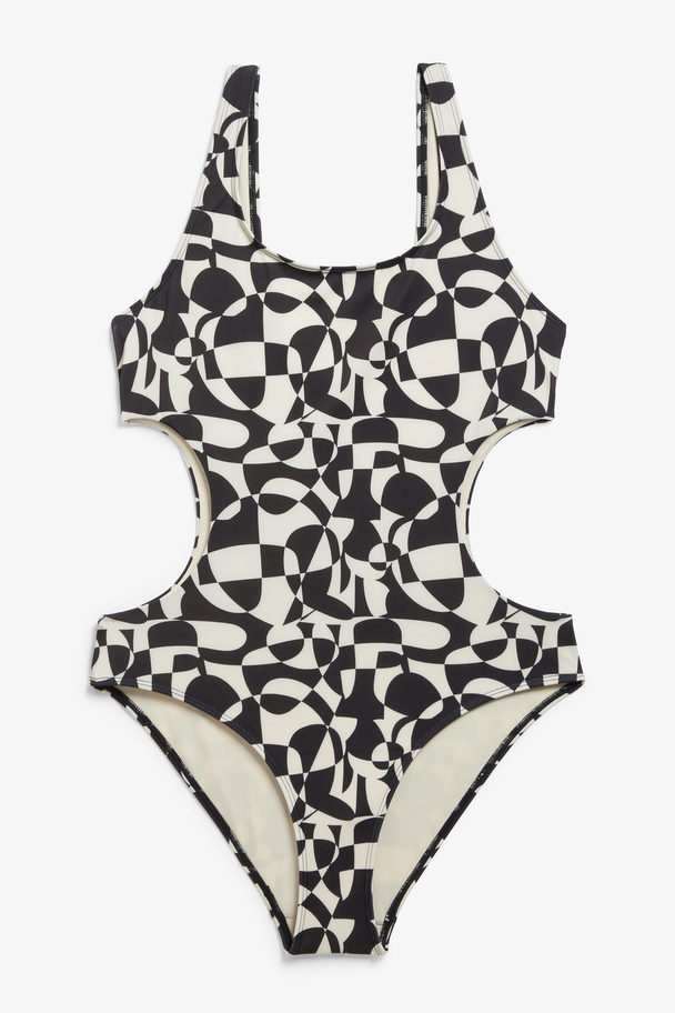 Monki Cut-out Swimsuit With Graphic Circle Print Black & White Circle Print