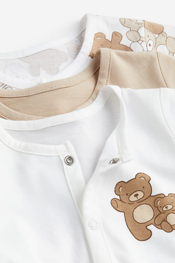 H&M 3-pack Cotton Sleepsuits Light Beige/teddy Bears
