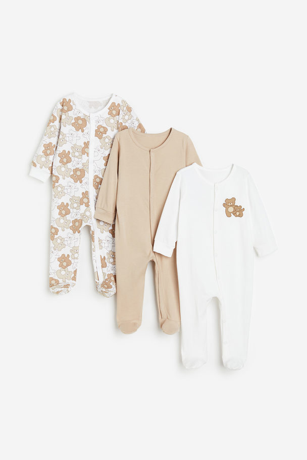 H&M 3-pack Pyjamasoverall I Bomull Ljusbeige/nallebjörnar