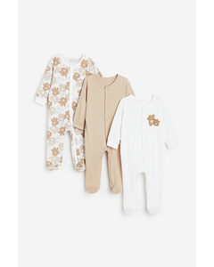 3-pack Cotton Sleepsuits Light Beige/teddy Bears