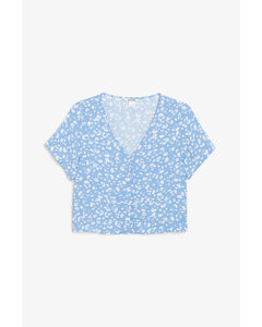 Cropped Button-up Blouse Blue And White Spots