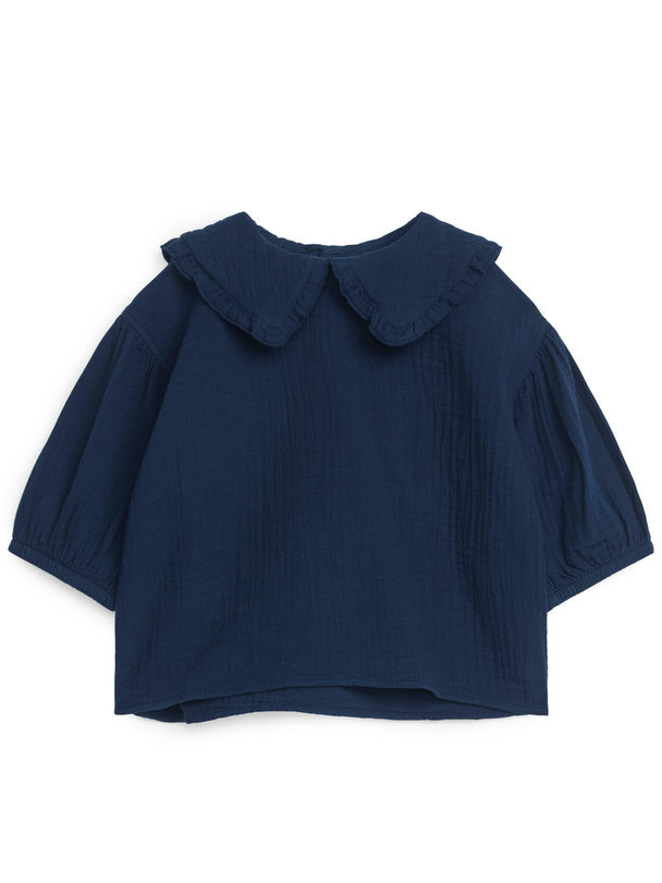 ARKET Frill-collar Cheesecloth Blouse Dark Blue