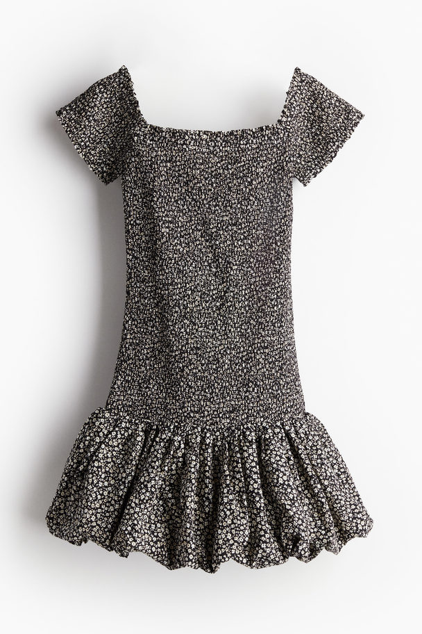 H&M Smocked Off-the-shoulder Dress Black/small Flowers