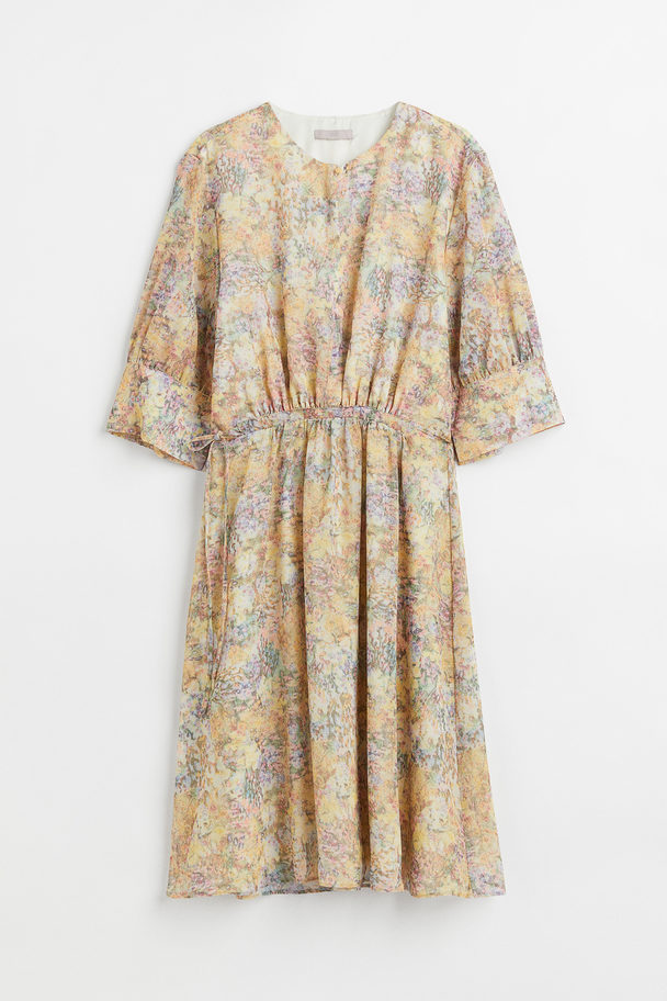 H&M Chiffon Drawstring-waist Dress Light Yellow/floral