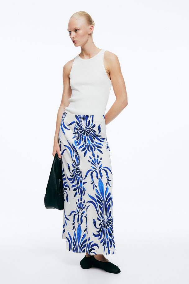 H&M Long Skirt White/blue Patterned