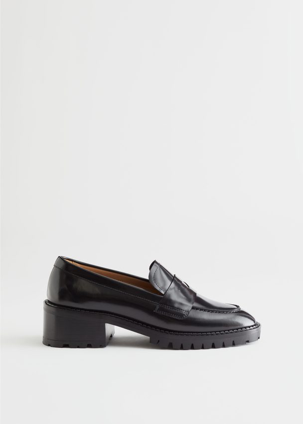 & Other Stories Heeled Leather Penny Loafers Black