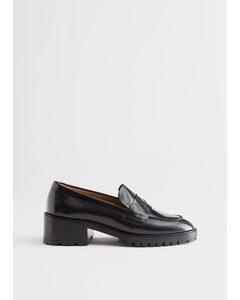 Heeled Leather Penny Loafers Black