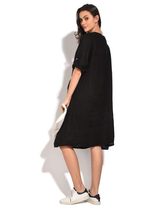 Le Jardin du Lin Fluid Mid-lenght Dress With Round Collar And Pockets