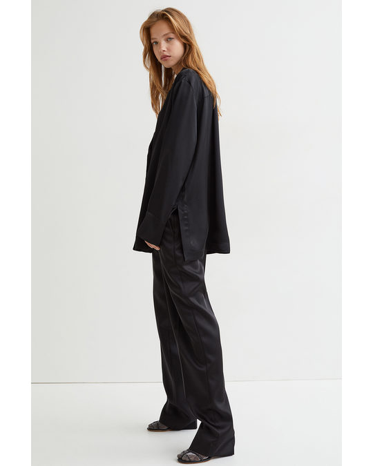 H&M Crease-leg Straight Satin Trousers Black
