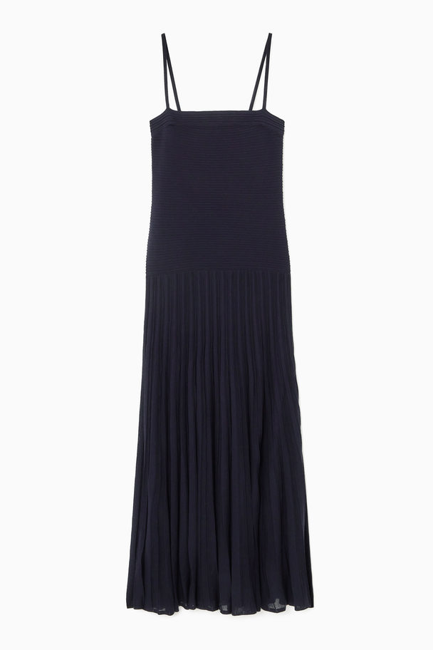 COS Pleated Knitted Maxi Dress Navy Blue