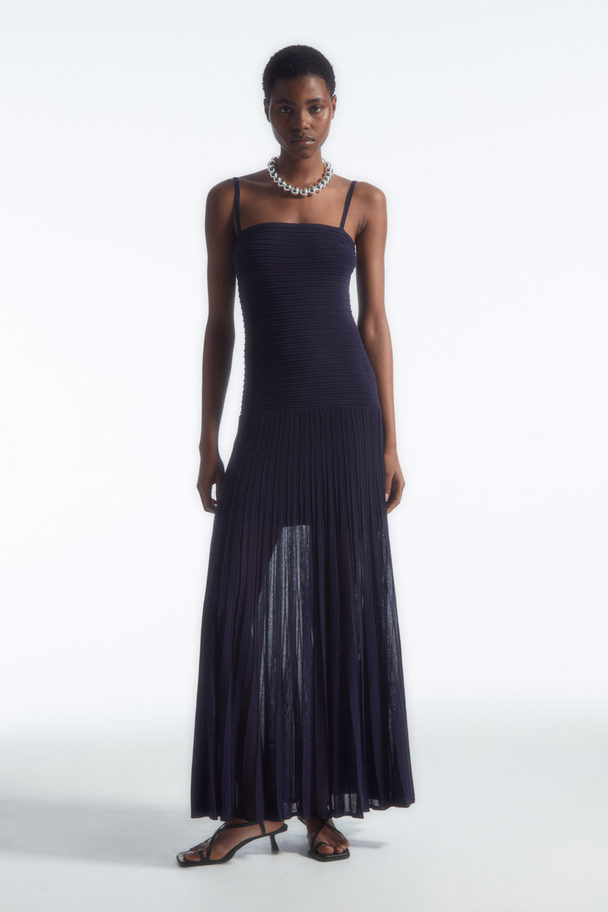 COS Pleated Knitted Maxi Dress Navy Blue