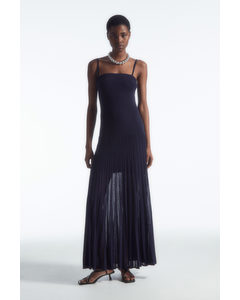 Pleated Knitted Maxi Dress Navy Blue