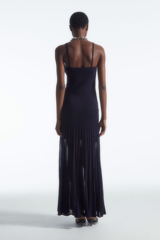 COS Pleated Knitted Maxi Dress Navy Blue