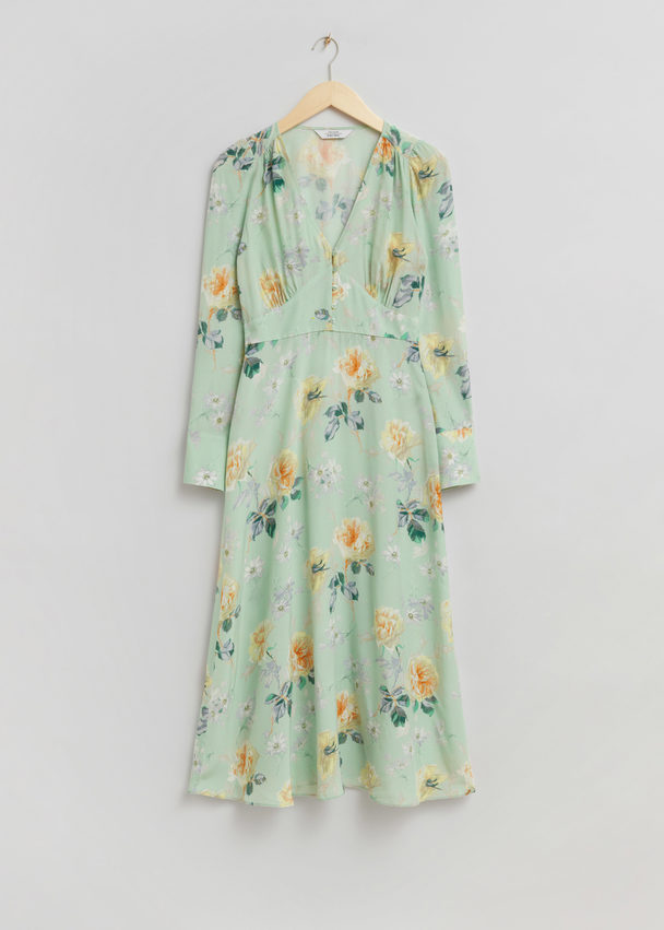 & Other Stories Buttoned V-cut Midi Dress Light Green Floral Print