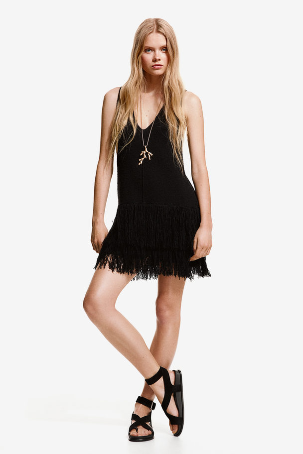 H&M Fringe-trimmed Knitted Dress Black