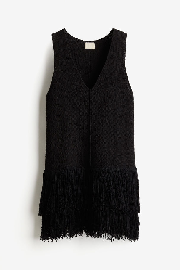 H&M Strickkleid mit Fransenbesatz Schwarz