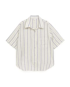 Short-sleeved Linen Shirt Beige/blue Stripe