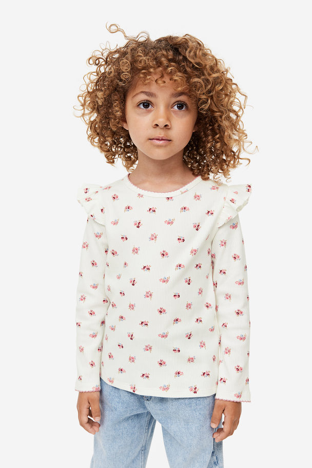 H&M Frill-trimmed Ribbed Top White/floral