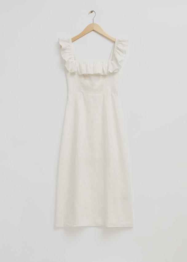 & Other Stories Ruffle Neck Linen Midi Dress White