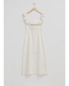 Ruffle Neck Linen Midi Dress White