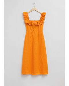 Ruffle Neck Linen Midi Dress Orange